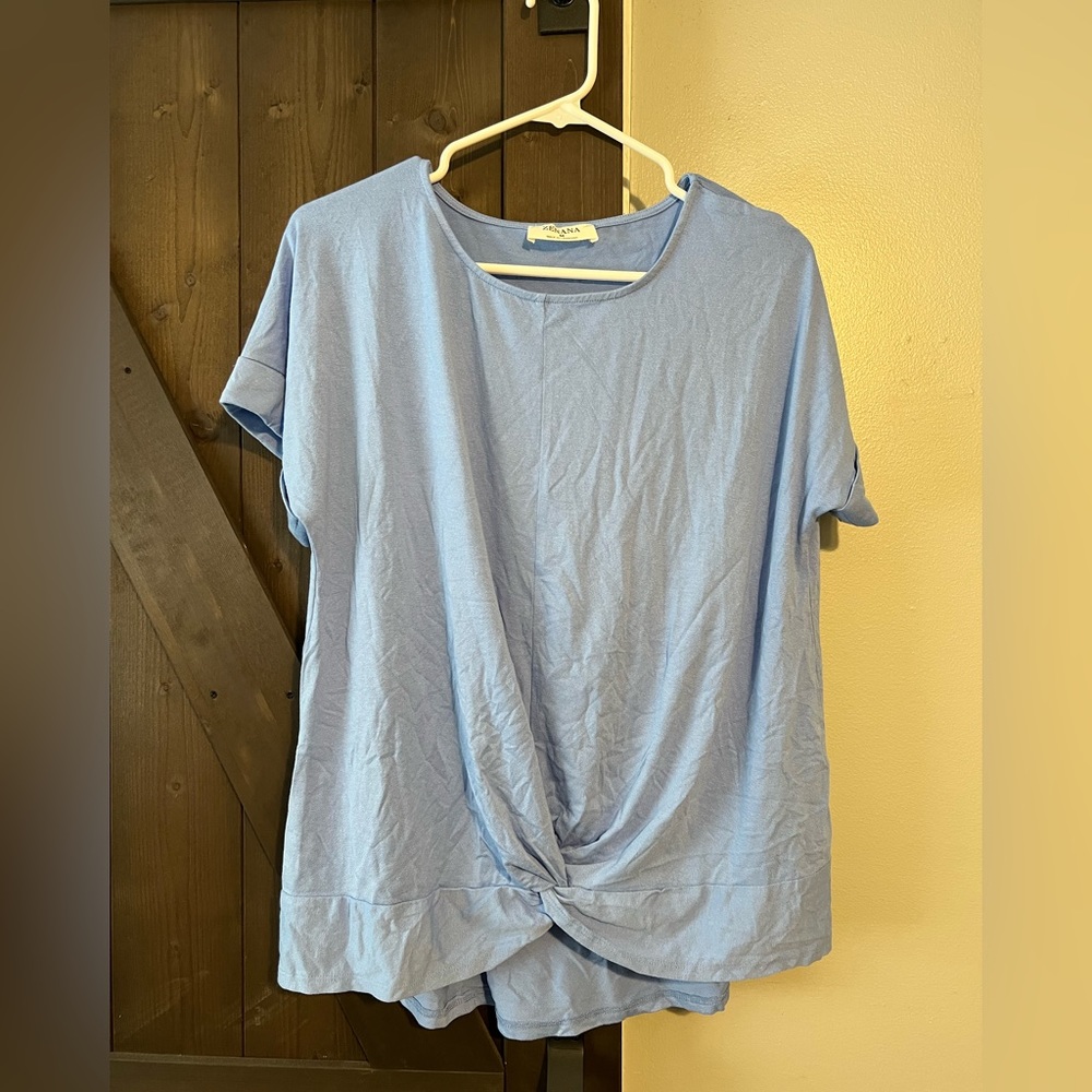 Zenana Spring Blue Knot Front Shirt